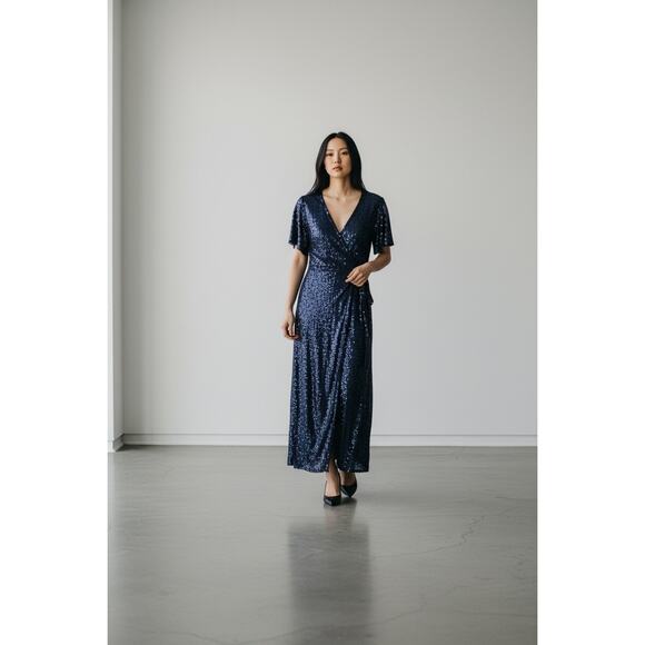 DMFashion Navy Sequin Wrap Maxi Dress Size Small Flutter Sleeve Formal Evening - Picture 2 of 16